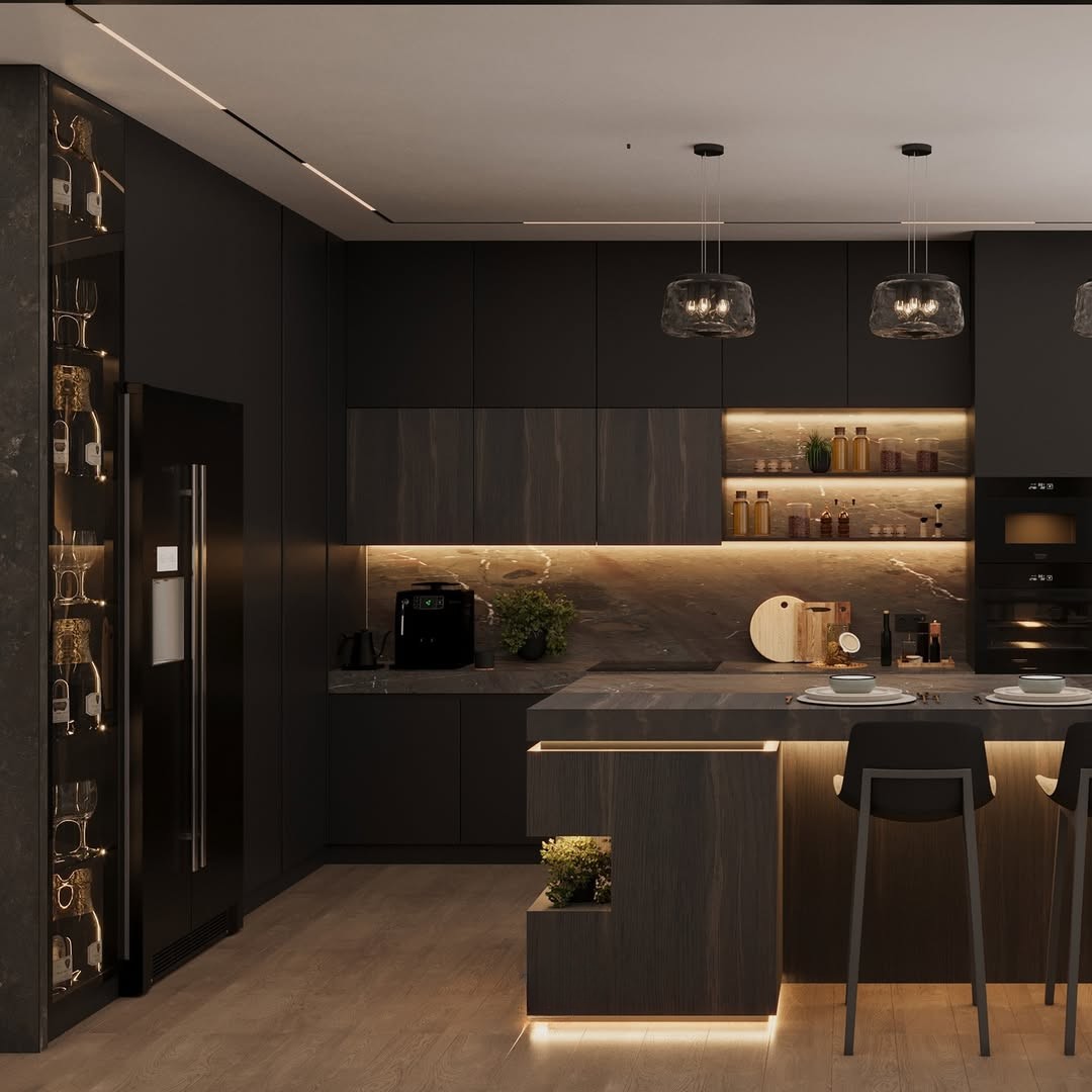 Apartment Interior — Dark Modern Living & Kitchen Gallery