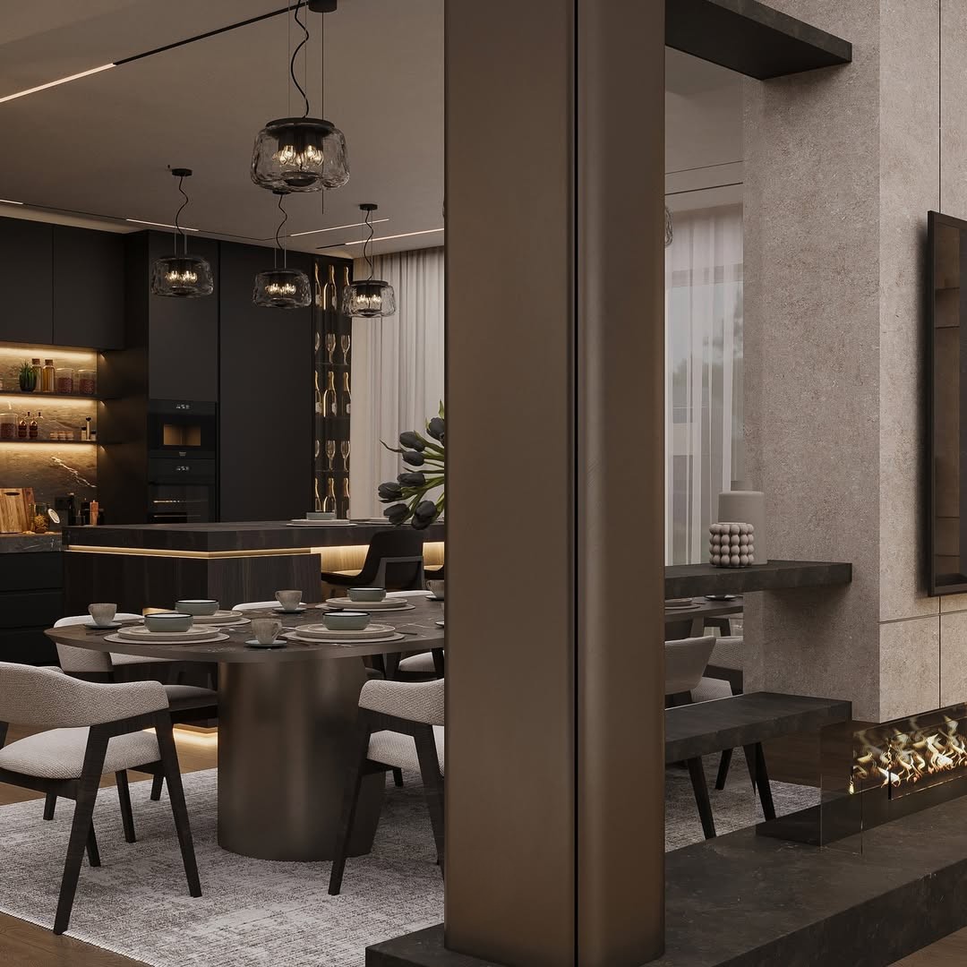 Apartment Interior — Dark Modern Living & Kitchen Gallery